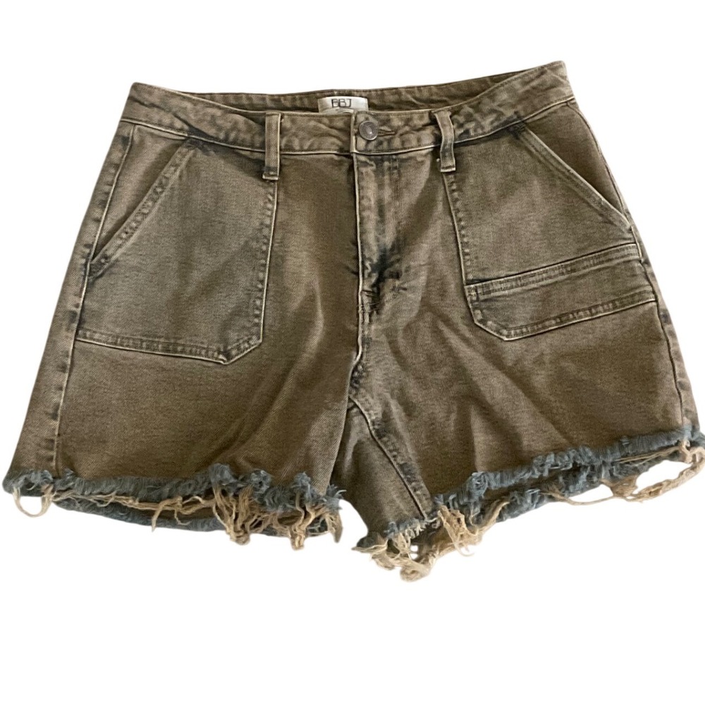 BBJ Denim Shorts Womens 5/27 Olive Green Excellent Frayed Hem High Rise Utility